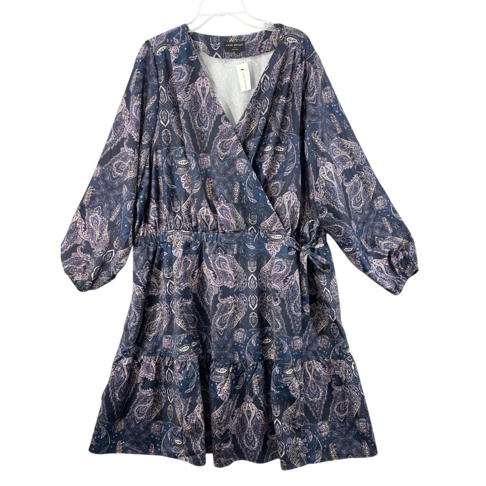 NWT Lane Bryant Wrap Dress Women Sz 24 Navy Paisley Tiered Ruffle Long Sleeve